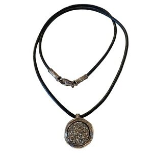 Vintage Didae Israel Sterling Modernist Druzy Quartz Pendant Necklace leather 8"